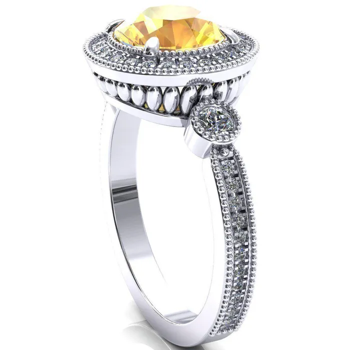 Brachium Round Yellow Sapphire Milgrain Halo 34 Eternity Accent Diamond Ring Fire Brilliance Rings