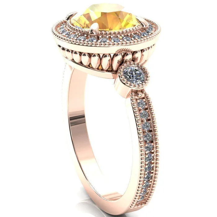 Brachium Round Yellow Sapphire Milgrain Halo 34 Eternity Accent Diamond Ring Fire Brilliance Rings