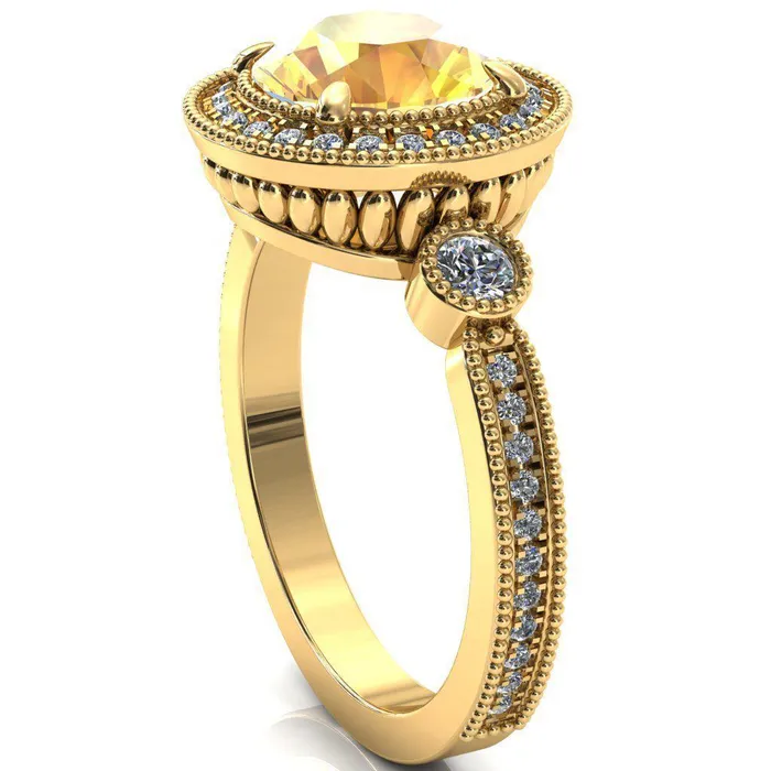 Brachium Round Yellow Sapphire Milgrain Halo 34 Eternity Accent Diamond Ring Fire Brilliance Rings