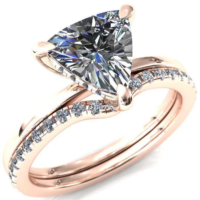 Carmeli Trillion Moissanite 3 Claw Prong Micro Pave Diamond Rail Engagement Ring Fire Brilliance Rings
