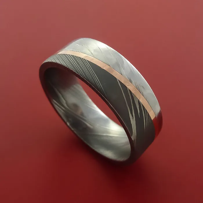 Damascus Steel Ring with 14k Rose Gold Inlay Custom Made Band Lashbrook Rings Damascus Steel Ring with 14k Rose Gold Inlay Custom Made Band Lashbrook Rings