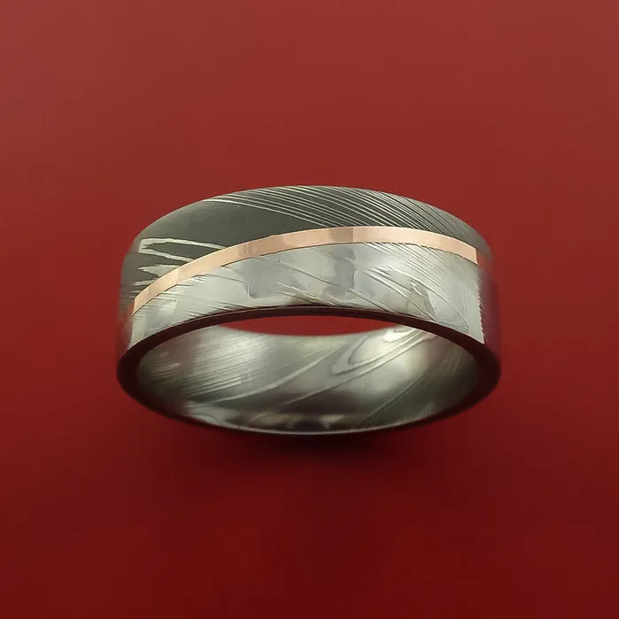 Damascus Steel Ring with 14k Rose Gold Inlay Custom Made Band Lashbrook Rings