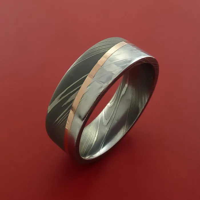 Damascus Steel Ring with 14k Rose Gold Inlay Custom Made Band Lashbrook Rings