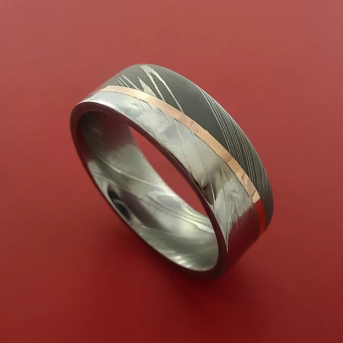 Damascus Steel Ring with 14k Rose Gold Inlay Custom Made Band Lashbrook Rings