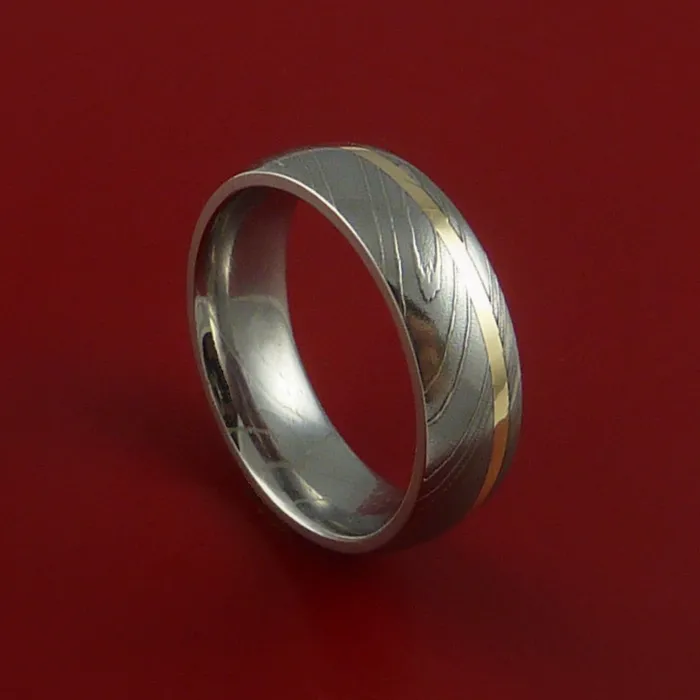 Damascus Steel Ring with 14k Yellow Gold Inlay Custom Made Band Lashbrook Rings Damascus Steel Ring with 14k Yellow Gold Inlay Custom Made Band Lashbrook Rings