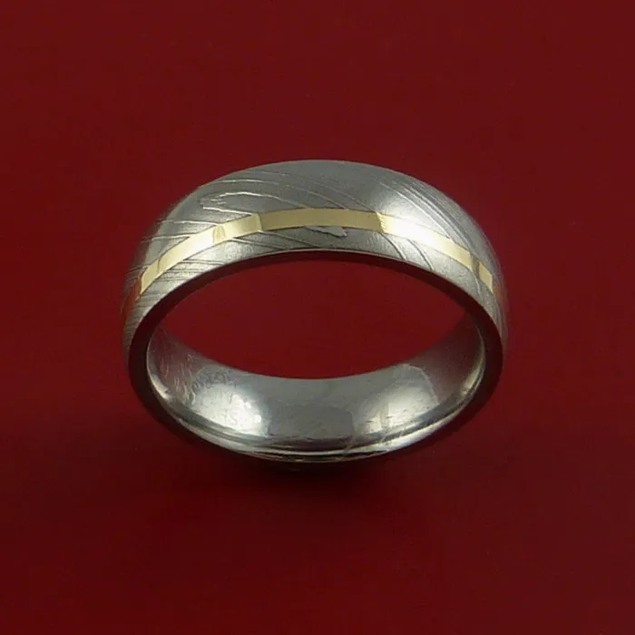 Damascus Steel Ring with 14k Yellow Gold Inlay Custom Made Band Lashbrook Rings Damascus Steel Ring with 14k Yellow Gold Inlay Custom Made Band Lashbrook Rings