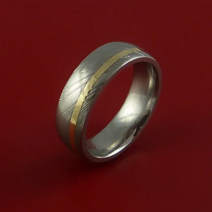Damascus Steel Ring with 14k Yellow Gold Inlay Custom Made Band Lashbrook Rings Damascus Steel Ring with 14k Yellow Gold Inlay Custom Made Band Lashbrook Rings