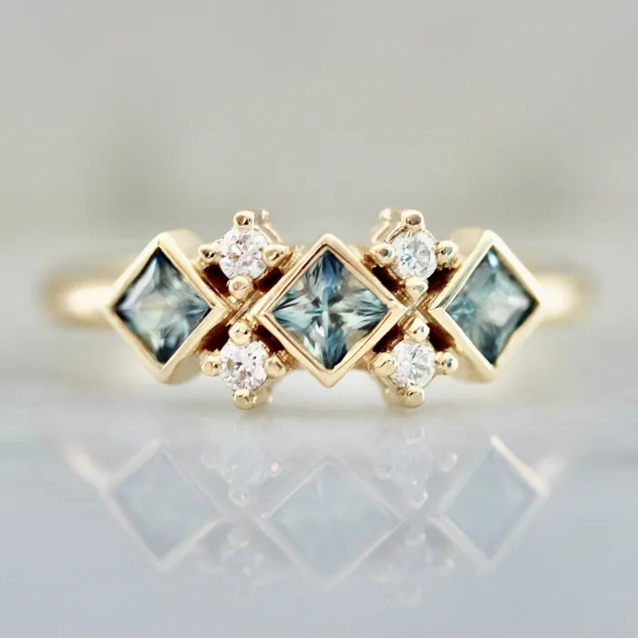 Double Dutch Light BlueGreen Princess Cut Sapphire Diamond Ring Kim Drosdick Rings Double Dutch Light BlueGreen Princess Cut Sapphire Diamond Ring Kim Drosdick Rings