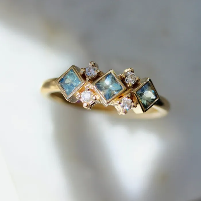 Double Dutch Light BlueGreen Princess Cut Sapphire Diamond Ring Kim Drosdick Rings