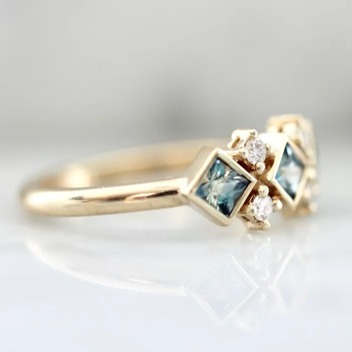 Double Dutch Light BlueGreen Princess Cut Sapphire Diamond Ring Kim Drosdick Rings
