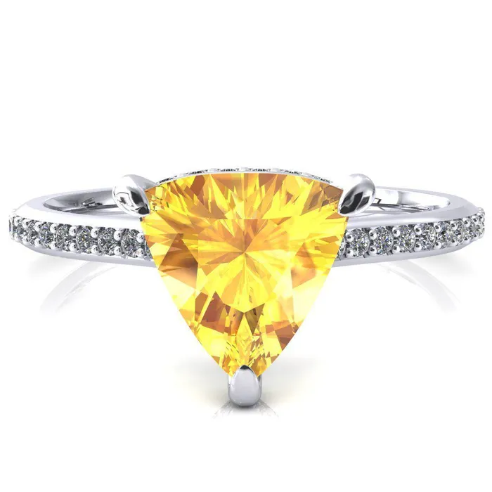 Fire Brilliance Kiki Trillion Yellow Sapphire 3 Prongs Claw Floating Halo 12 Pinpoint Inverted Cathedral Ring Rings Fire Brilliance Kiki Trillion Yellow Sapphire 3 Prongs Claw Floating Halo 12 Pinpoint Inverted Cathedral Ring Rings