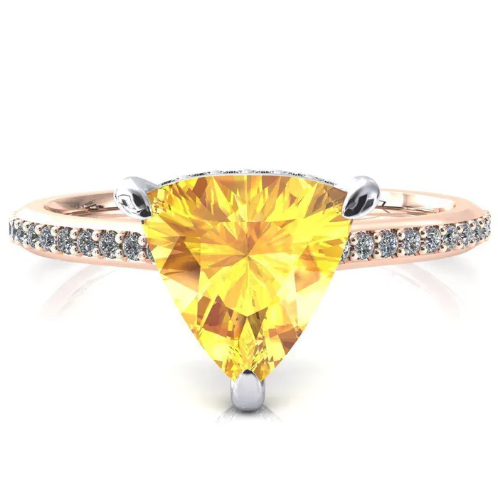 Fire Brilliance Kiki Trillion Yellow Sapphire 3 Prongs Claw Floating Halo 12 Pinpoint Inverted Cathedral Ring Rings