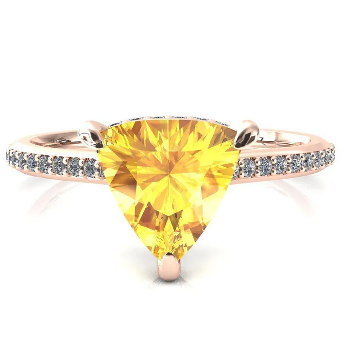 Fire Brilliance Kiki Trillion Yellow Sapphire 3 Prongs Claw Floating Halo 12 Pinpoint Inverted Cathedral Ring Rings