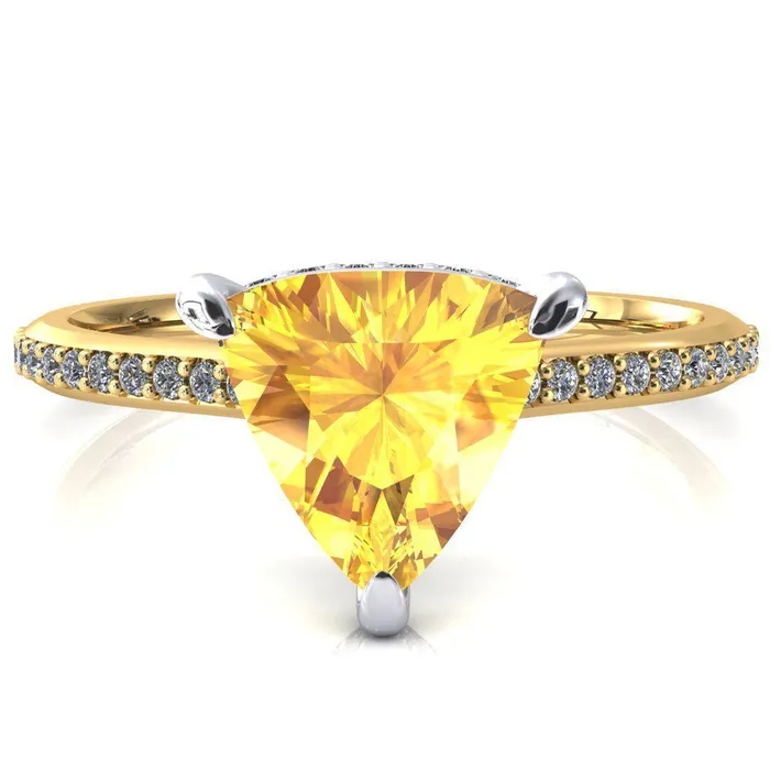 Fire Brilliance Kiki Trillion Yellow Sapphire 3 Prongs Claw Floating Halo 12 Pinpoint Inverted Cathedral Ring Rings