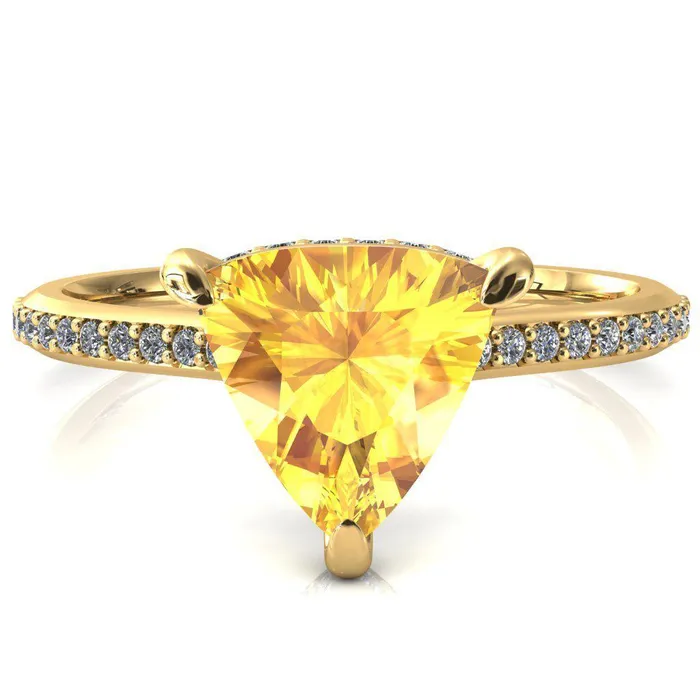Fire Brilliance Kiki Trillion Yellow Sapphire 3 Prongs Claw Floating Halo 12 Pinpoint Inverted Cathedral Ring Rings