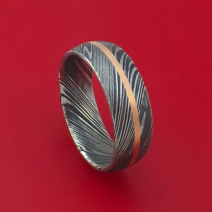 Lashbrook Rings Kuro Damascus Steel Ring with 14k Rose Gold Inlay Custom Made Band Lashbrook Rings Kuro Damascus Steel Ring with 14k Rose Gold Inlay Custom Made Band