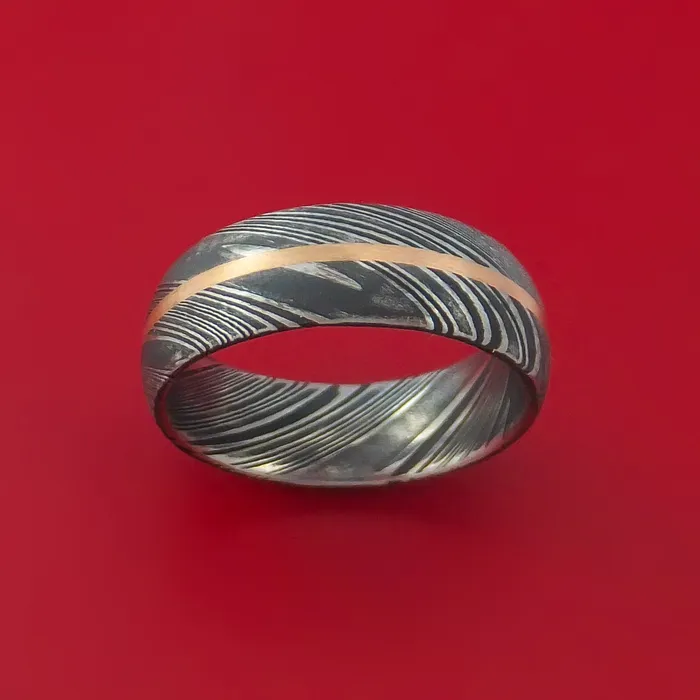 Lashbrook Rings Kuro Damascus Steel Ring with 14k Rose Gold Inlay Custom Made Band Lashbrook Rings Kuro Damascus Steel Ring with 14k Rose Gold Inlay Custom Made Band