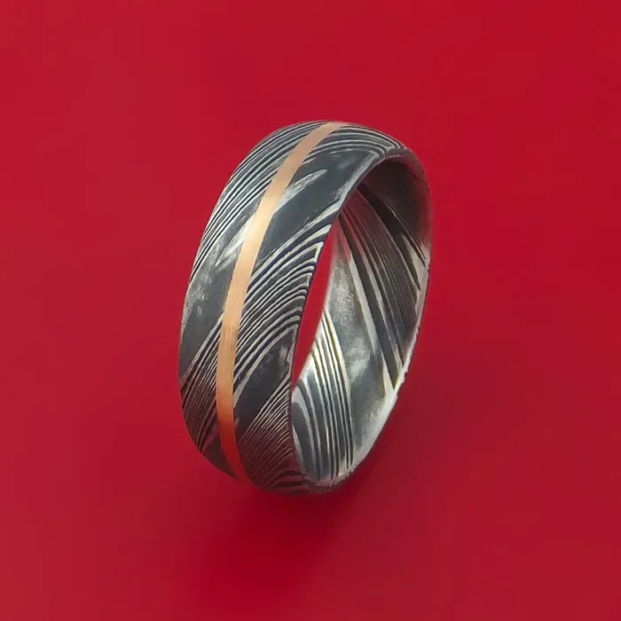 Lashbrook Rings Kuro Damascus Steel Ring with 14k Rose Gold Inlay Custom Made Band Lashbrook Rings Kuro Damascus Steel Ring with 14k Rose Gold Inlay Custom Made Band