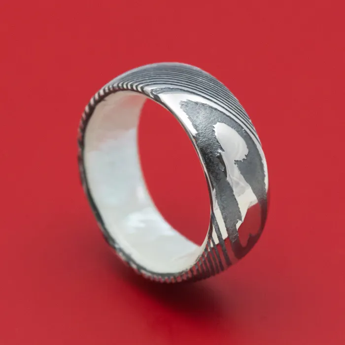 Lashbrook Rings Kuro Damascus Steel Ring with White Mother of Pearl Sleeve Custom Made Band