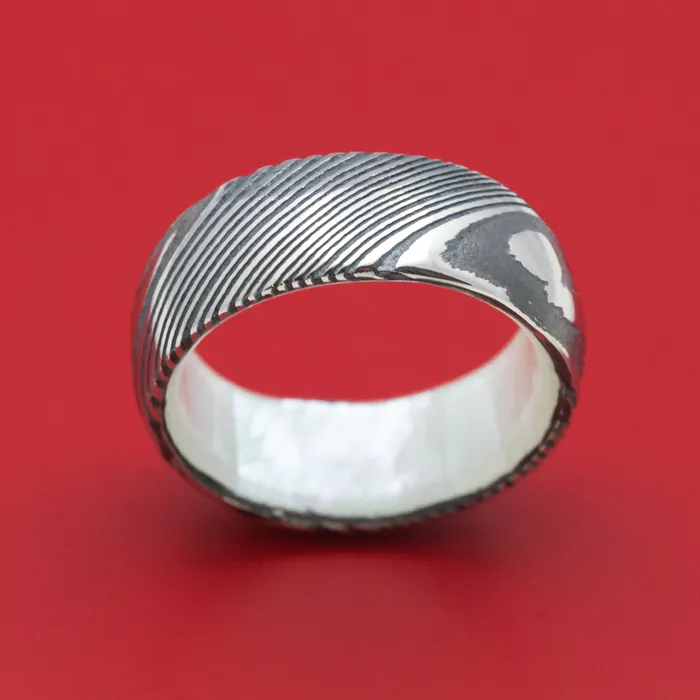 Lashbrook Rings Kuro Damascus Steel Ring with White Mother of Pearl Sleeve Custom Made Band Lashbrook Rings Kuro Damascus Steel Ring with White Mother of Pearl Sleeve Custom Made Band