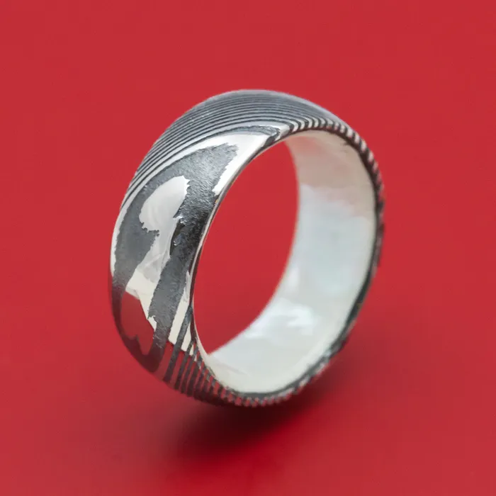 Lashbrook Rings Kuro Damascus Steel Ring with White Mother of Pearl Sleeve Custom Made Band Lashbrook Rings Kuro Damascus Steel Ring with White Mother of Pearl Sleeve Custom Made Band