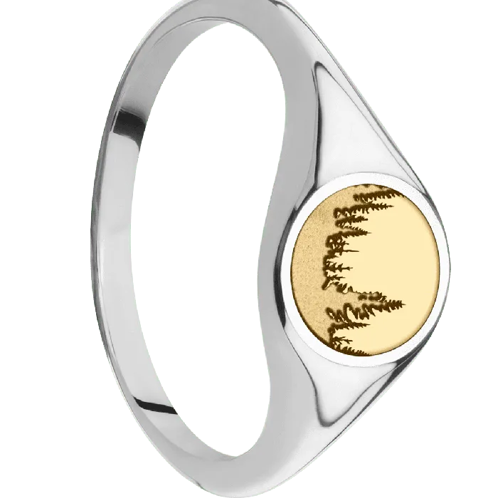 Lashbrook Rings Small Circle signet ring 10mm in 18K White Gold with a Thin style band and a Trees engravingand a 14K Yellow Gold inlay Lashbrook Rings Small Circle signet ring 10mm in 18K White Gold with a Thin style band and a Trees engravingand a 14K Yellow Gold inlay