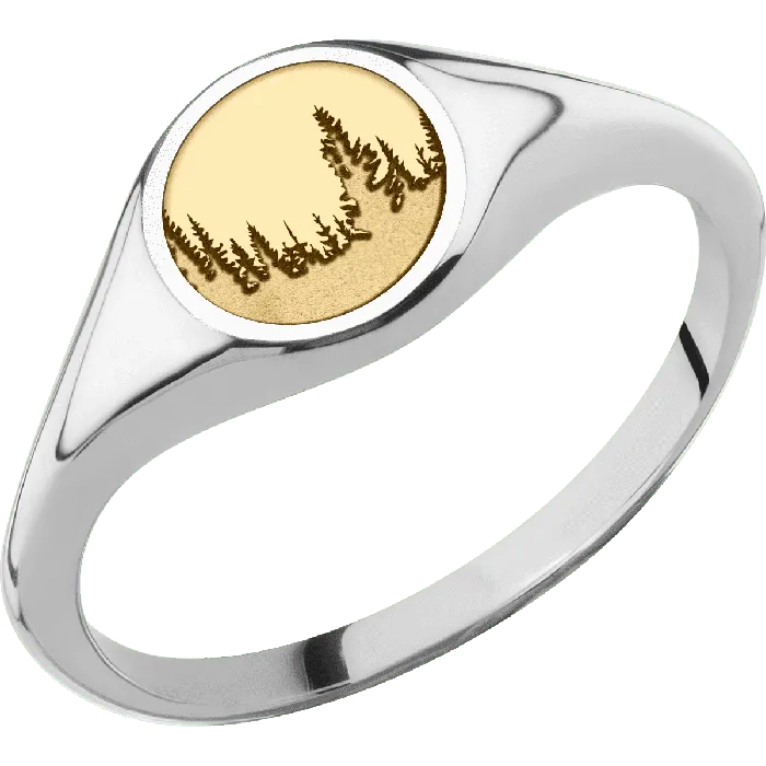 Lashbrook Rings Small Circle signet ring 10mm in 18K White Gold with a Thin style band and a Trees engravingand a 14K Yellow Gold inlay Lashbrook Rings Small Circle signet ring 10mm in 18K White Gold with a Thin style band and a Trees engravingand a 14K Yellow Gold inlay