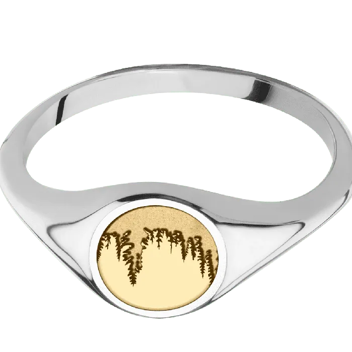 Lashbrook Rings Small Circle signet ring 10mm in 18K White Gold with a Thin style band and a Trees engravingand a 14K Yellow Gold inlay Lashbrook Rings Small Circle signet ring 10mm in 18K White Gold with a Thin style band and a Trees engravingand a 14K Yellow Gold inlay