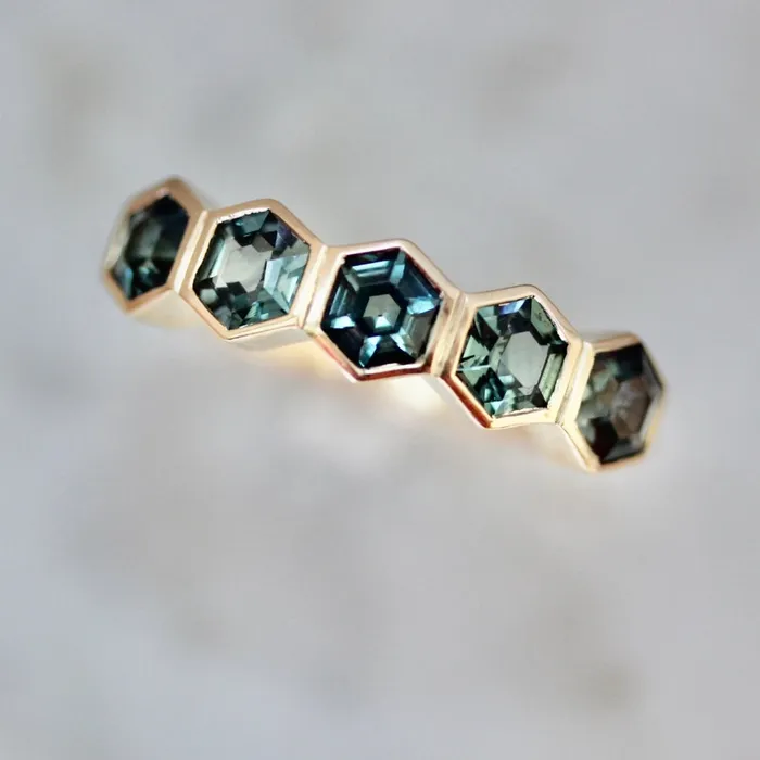Made By Gem Breakfast Rings Spring Fling Teal Hexagon Cut Sapphire Ring
