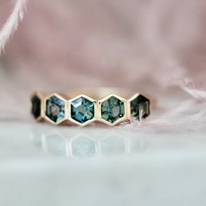 Made By Gem Breakfast Rings Spring Fling Teal Hexagon Cut Sapphire Ring