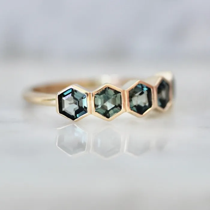 Made By Gem Breakfast Rings Spring Fling Teal Hexagon Cut Sapphire Ring
