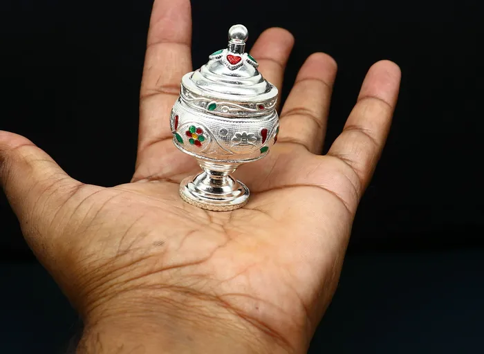 Necklaces Vintage antique design Solid silver handmade trinket box God serving Prasad container box Kumkum box Sindur box best brides gift stb125 TRIBAL ORNAMENTS