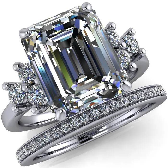 Nirvana Emerald Center Stone Multi Diamond Side Engagement Ring Fire Brilliance Rings