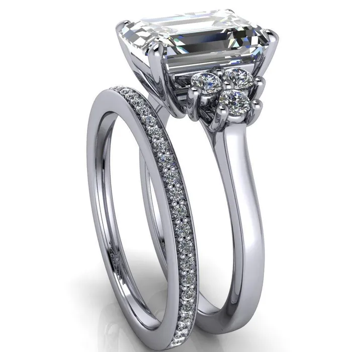 Nirvana Emerald Center Stone Multi Diamond Side Engagement Ring Fire Brilliance Rings