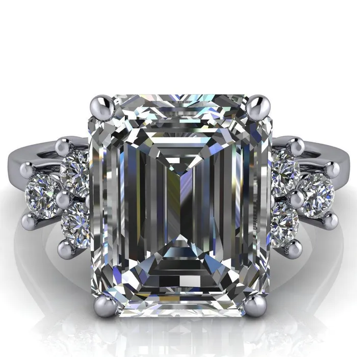 Nirvana Emerald Center Stone Multi Diamond Side Engagement Ring Fire Brilliance Rings