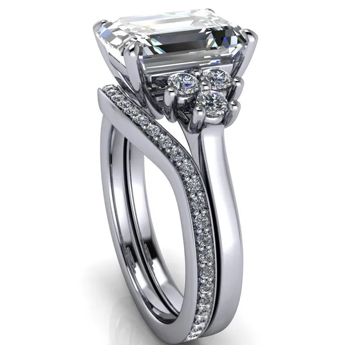 Nirvana Emerald Center Stone Multi Diamond Side Engagement Ring Fire Brilliance Rings