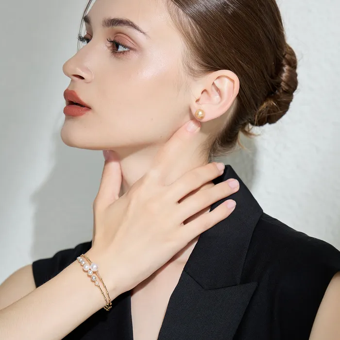 Pearly Lustre Earrings Elegant 18K Solid Top Grade Gold South Sea Golden Pearl Stud Earrings KE00014