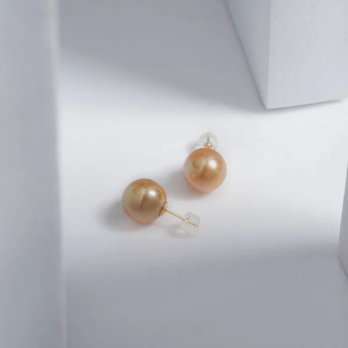 Pearly Lustre Earrings Elegant 18K Solid Top Grade Gold South Sea Golden Pearl Stud Earrings KE00014