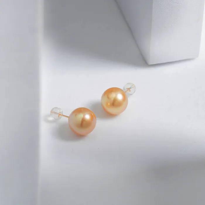 Pearly Lustre Earrings Elegant 18K Solid Top Grade Gold South Sea Golden Pearl Stud Earrings KE00014