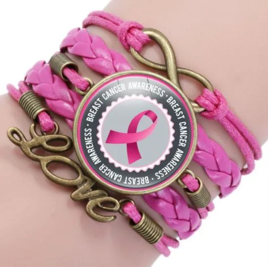 POLLY Bracelets B111 Hot Pink Ribbon Breast Cancer Awareness Leather Layered Bracelet POLLY Bracelets B111 Hot Pink Ribbon Breast Cancer Awareness Leather Layered Bracelet