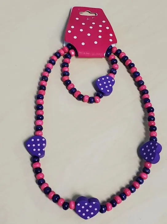 POLLY Bracelets L20 Purple Polka Dot Heart Wooden Necklace Bracelet Set