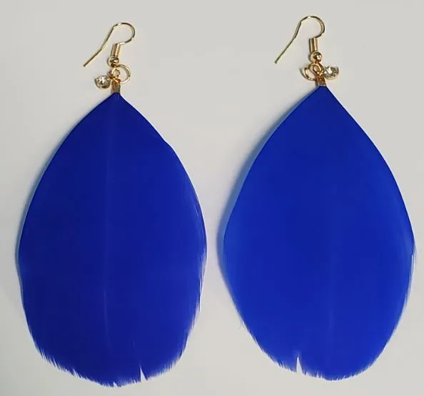 POLLY Earrings E810 Large Royal Blue Feather with Rhinestone Earrings