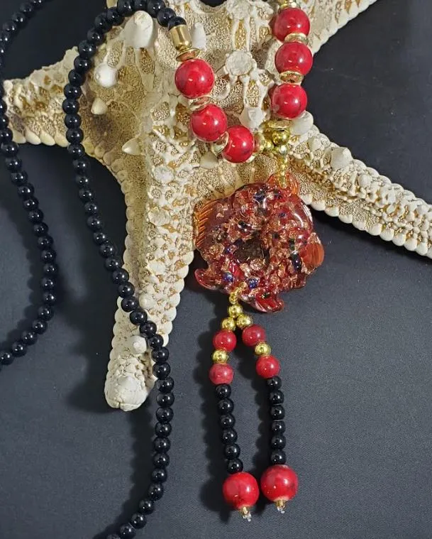 polly N430 Red Bead Glass Koi Fish Long Necklace With Free Earrings Necklaces