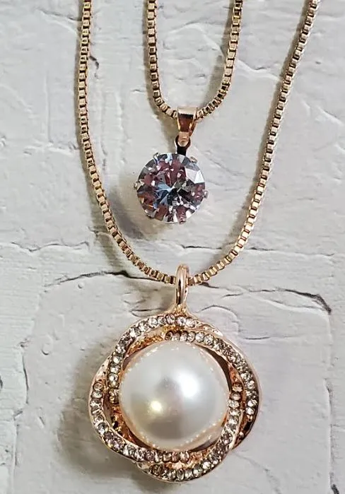 polly Necklaces AZ595 Rose Gold Pearl Rhinestone Necklace with FREE Earrings
