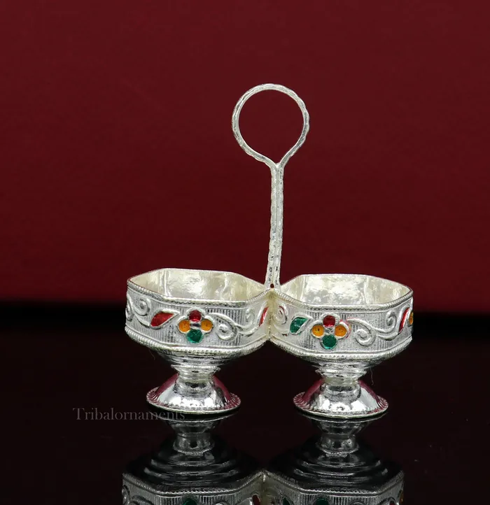Pure 925 sterling silver handmade customized work puja utensils silver tilak bowl kesar chaindan kumkum patra bowl silver article su554 TRIBAL ORNAMENTS Rings