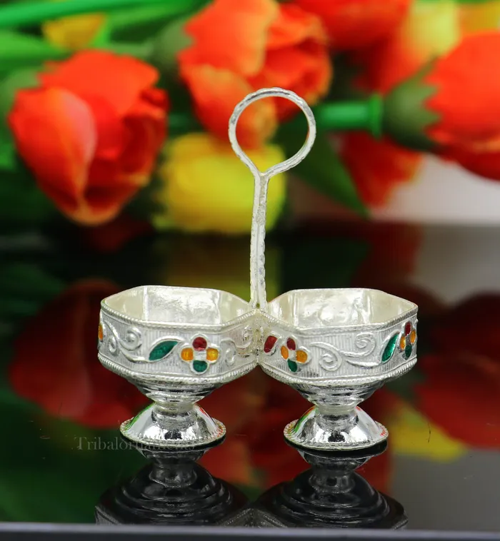 Pure 925 sterling silver handmade customized work puja utensils silver tilak bowl kesar chaindan kumkum patra bowl silver article su554 TRIBAL ORNAMENTS Rings