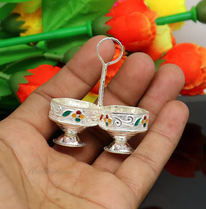Pure 925 sterling silver handmade customized work puja utensils silver tilak bowl kesar chaindan kumkum patra bowl silver article su554 TRIBAL ORNAMENTS Rings
