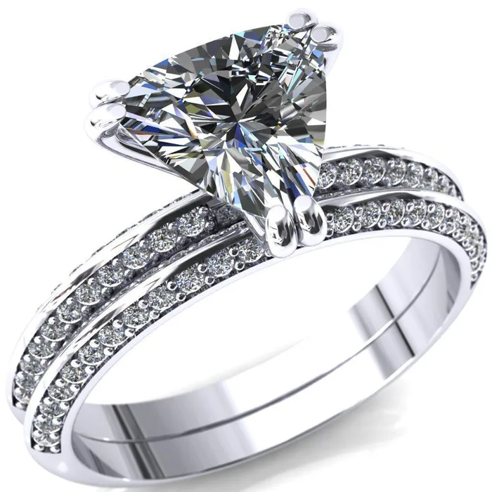 Rings Fire Brilliance Nancy Trillion Moissanite 3 Double Prong 12 Eternity Diamond Knife Shank Accent Engagement Ring Rings Fire Brilliance Nancy Trillion Moissanite 3 Double Prong 12 Eternity Diamond Knife Shank Accent Engagement Ring