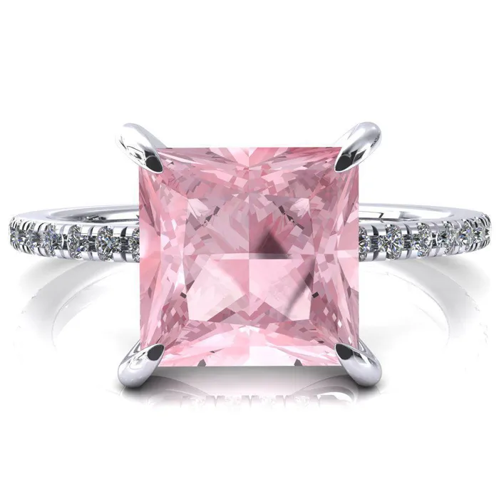 Rings Mayeli Princess Pink Sapphire 4 Claw Prong Micro Pave Diamond Sides Engagement Ring Fire Brilliance Rings Mayeli Princess Pink Sapphire 4 Claw Prong Micro Pave Diamond Sides Engagement Ring Fire Brilliance