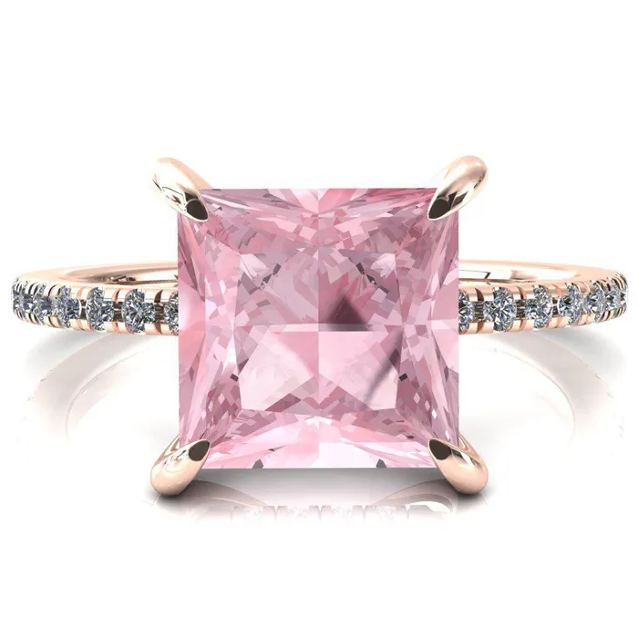 Rings Mayeli Princess Pink Sapphire 4 Claw Prong Micro Pave Diamond Sides Engagement Ring Fire Brilliance 